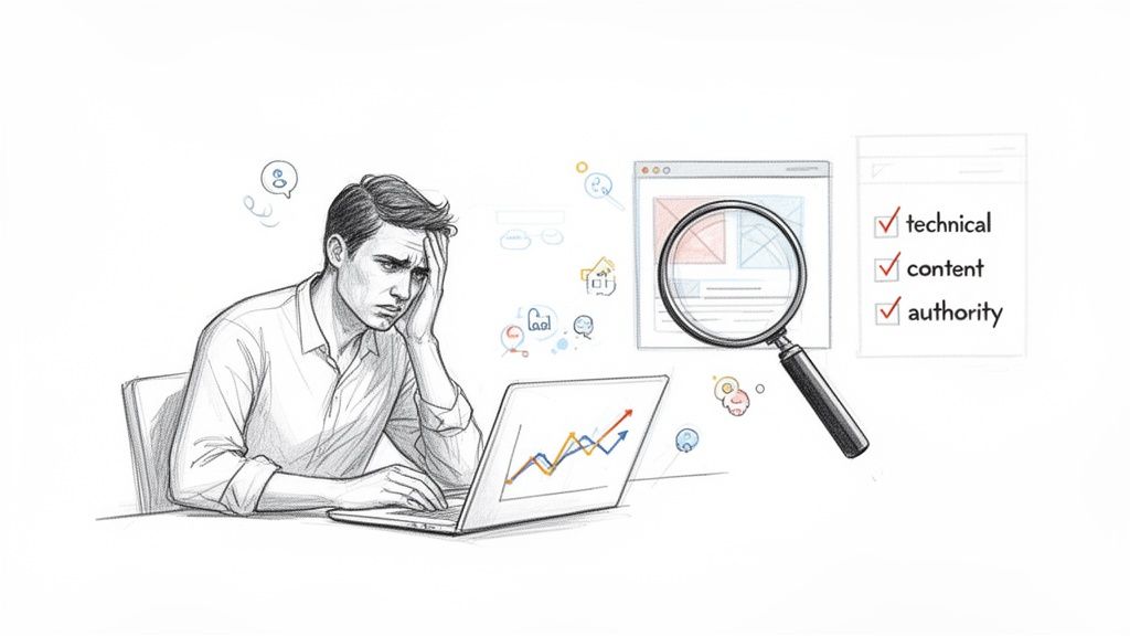 A man looks frustrated while analyzing SEO data on a laptop, with a magnifying glass examining a website and a checklist for technical, content, and authority.