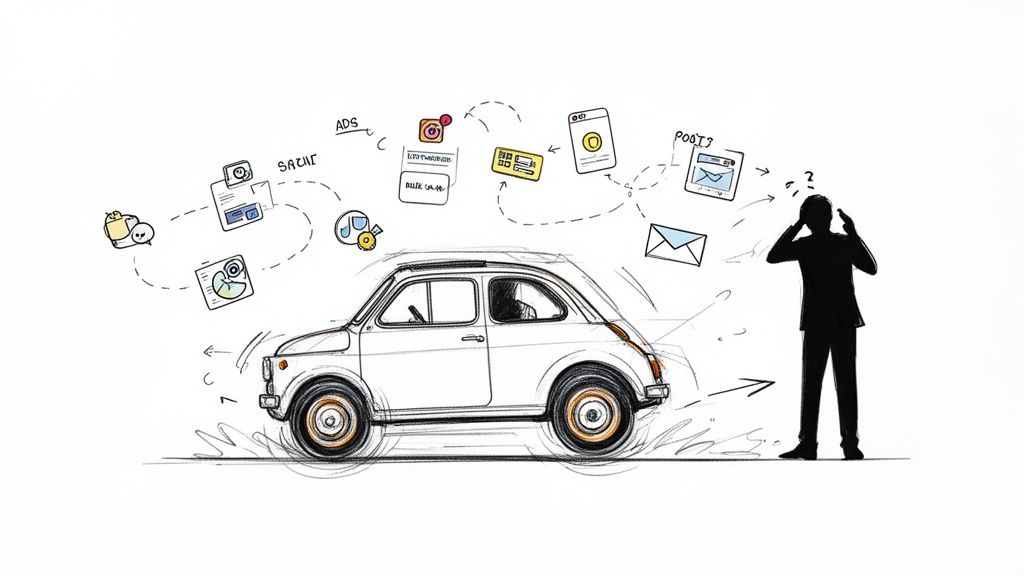 A vintage car surrounded by digital marketing icons, with a confused person observing the complex process.