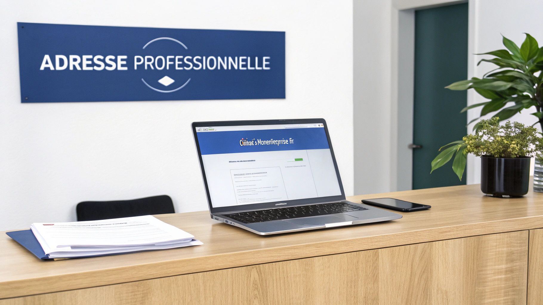 Bureau professionnel avec ordinateur portable affichant interface de création d'adresse email professionnelle