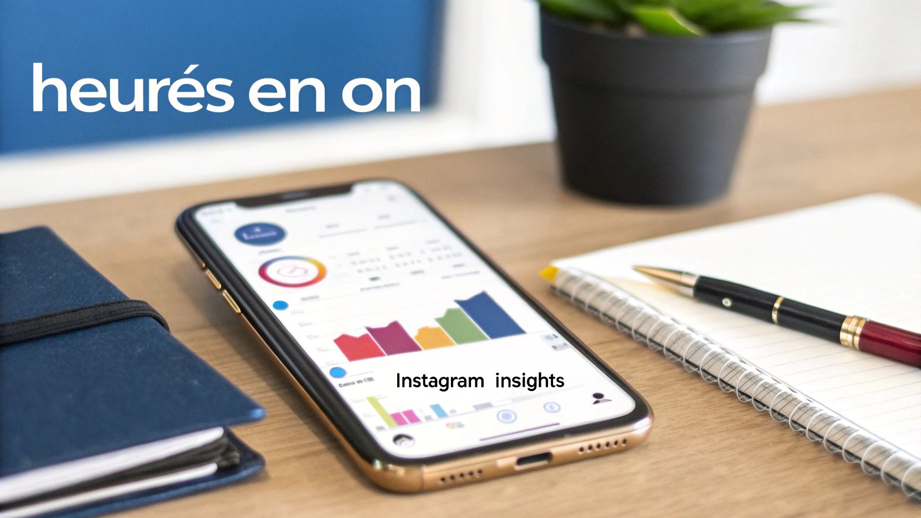 Smartphone affichant des statistiques Instagram Insights sur un bureau avec carnet et stylo