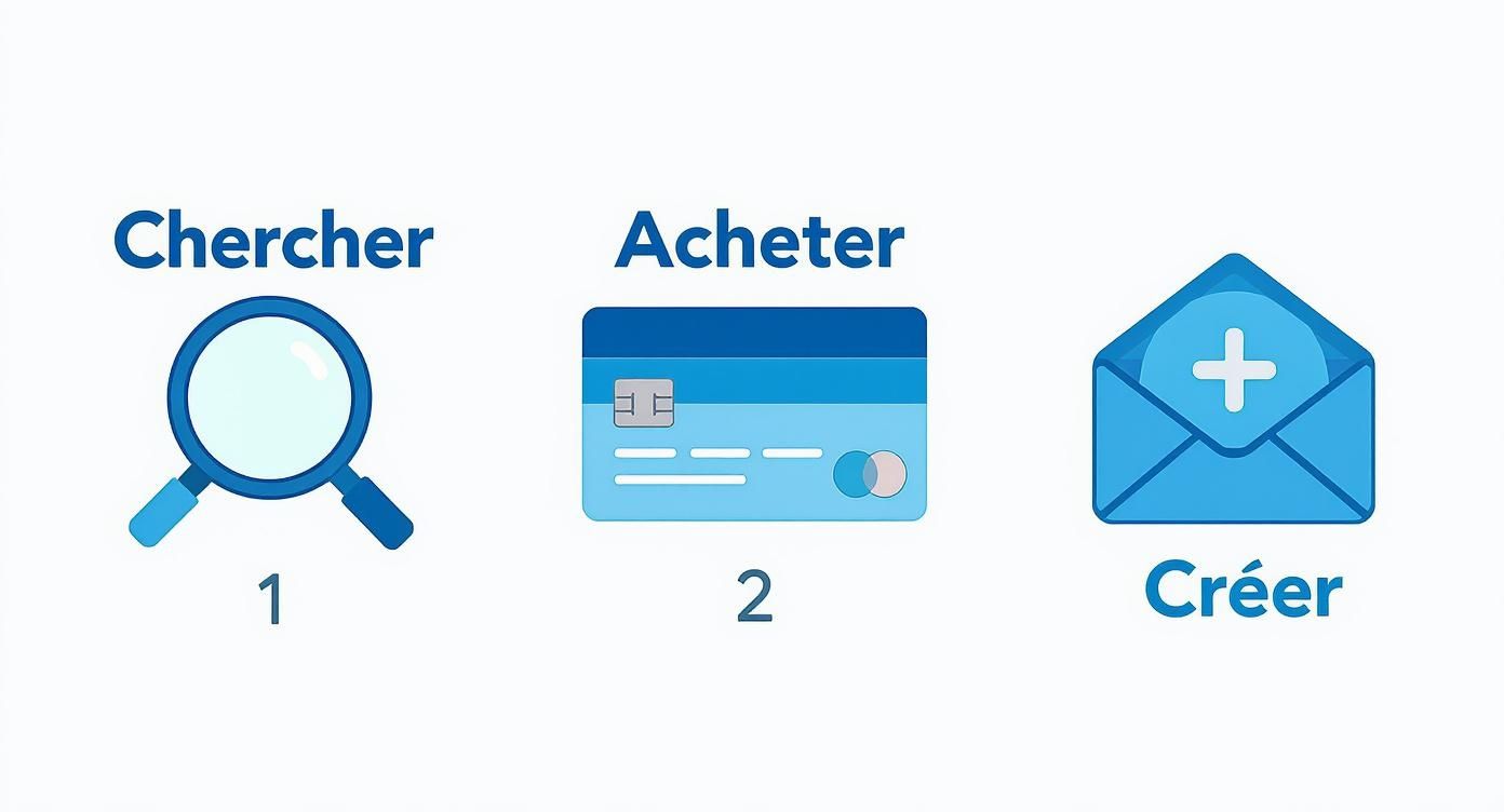 Illustration des étapes pour créer une adresse email : chercher, acheter un nom de domaine et créer