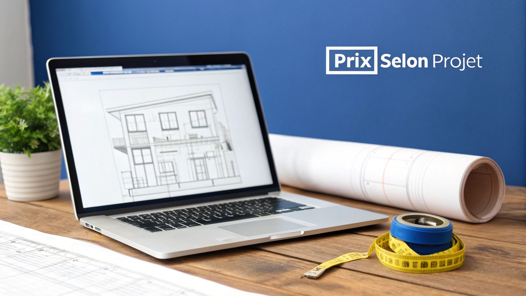 Une femme assise à un bureau, réfléchissant devant son ordinateur portable avec des graphiques et des icônes de site web flottant autour d'elle.