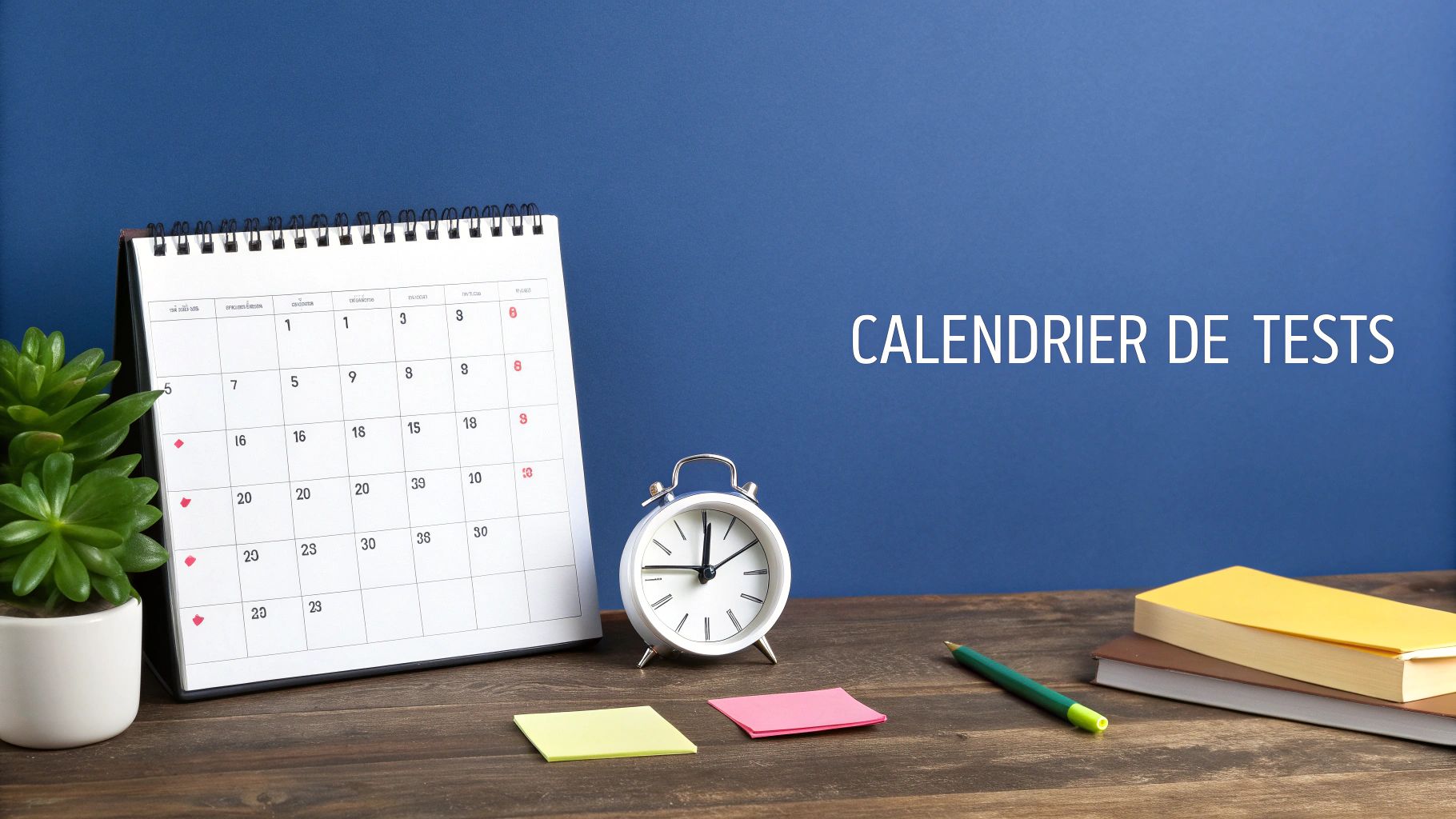 Calendrier de tests avec horloge, bloc-notes et fournitures de bureau sur fond bleu