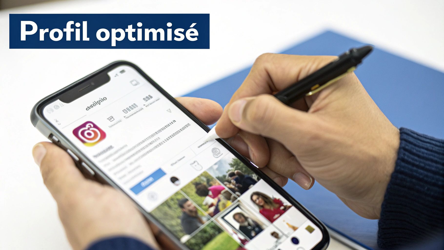 Une personne optimisant son profil Instagram sur un smartphone, avec une interface claire montrant la photo de profil, la biographie et les stories à la une.