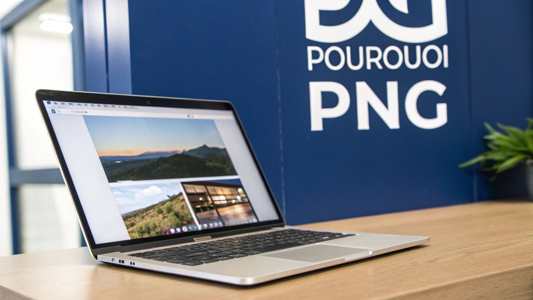 Ordinateur portable affichant des images sur un bureau avec un panneau POURQUOI PNG en arrière-plan