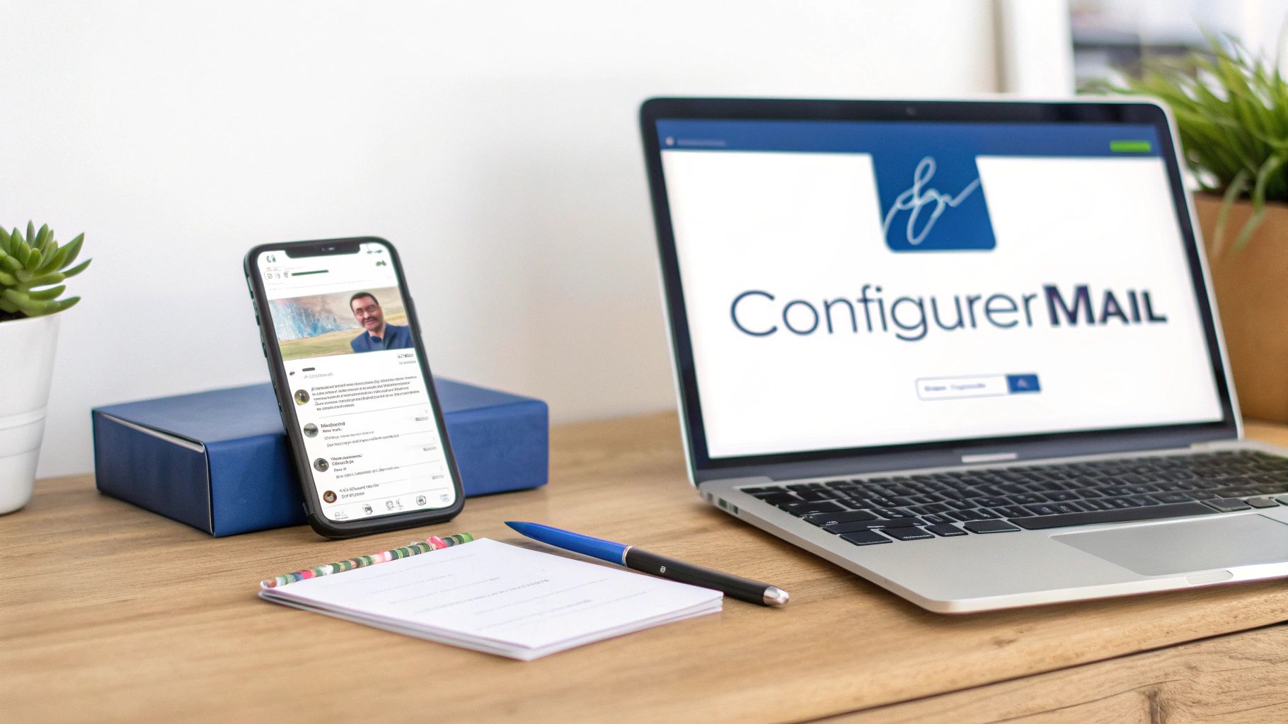 Bureau avec ordinateur portable affichant ConfigurerMail, smartphone et accessoires pour créer une adresse email professionnelle