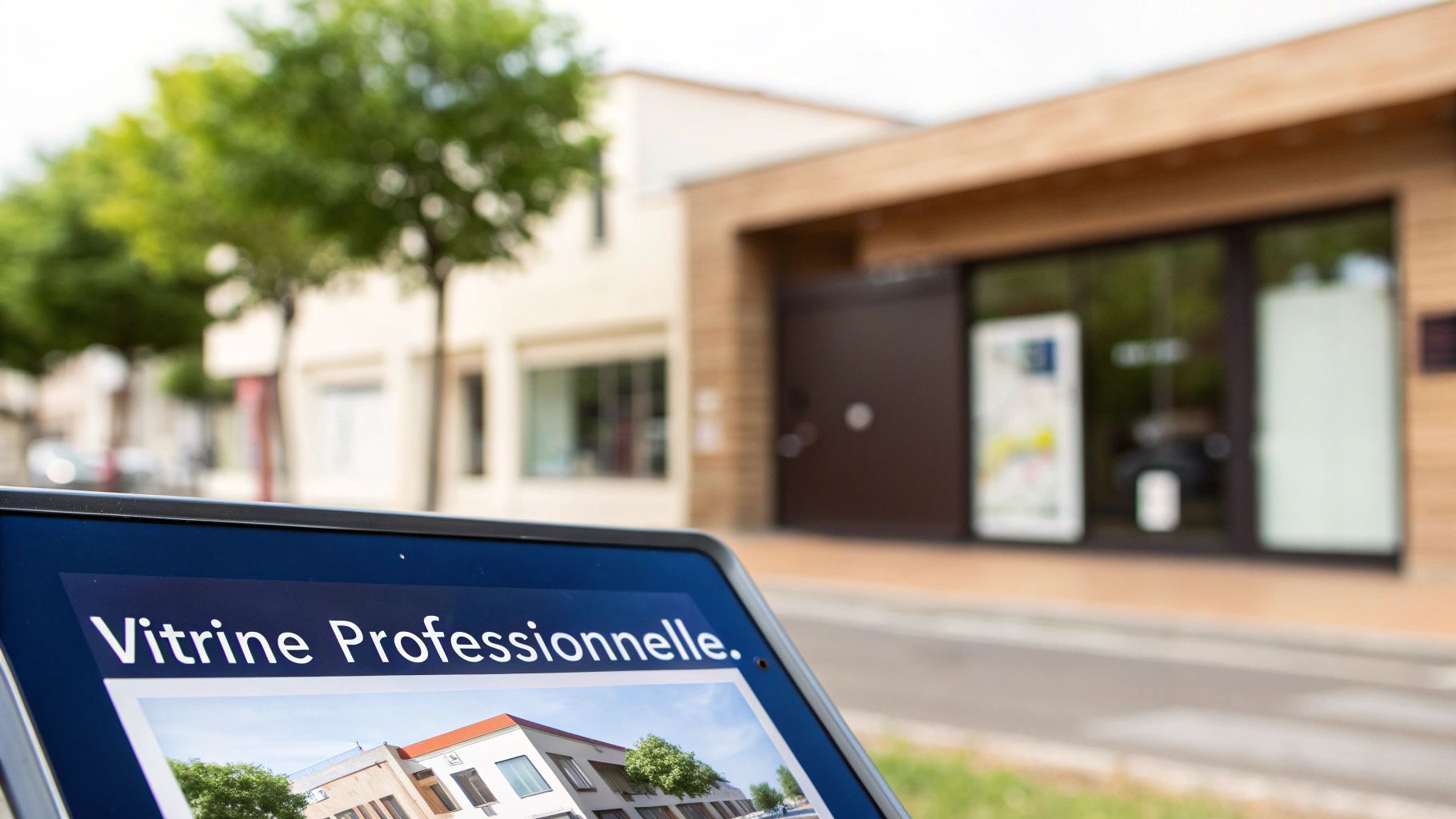 Une maquette de site web professionnel affichée sur un écran d'ordinateur portable, avec des icônes de design et d'expérience utilisateur flottant autour.