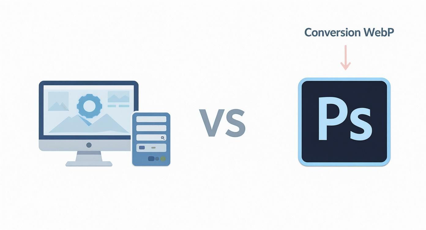 Comparaison visuelle entre conversion web WebP et logiciel Photoshop pour traitement d'images numériques