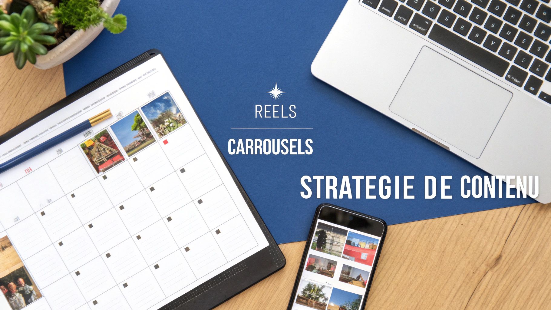 Une personne planifiant sa stratégie de contenu sur un tableau blanc avec des notes adhésives représentant des Reels, des Carrousels et des Stories.