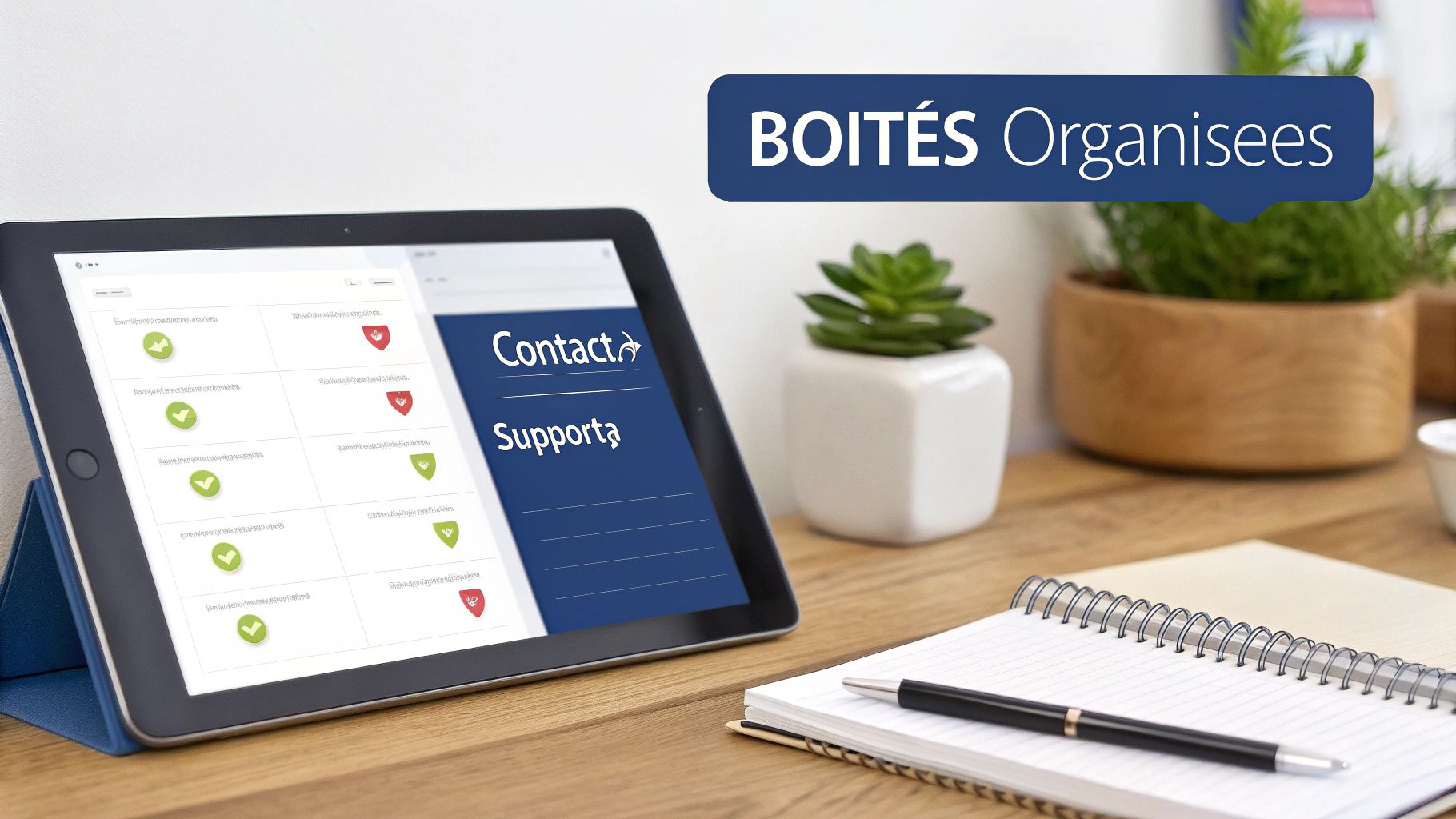 Tablette affichant interface de boîtes mail organisées avec contact et support sur bureau professionnel