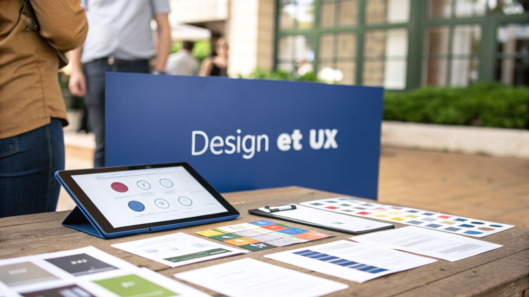 Une personne dessinant des maquettes de site web sur une tablette, illustrant la phase de conception du design et de l'expérience utilisateur.