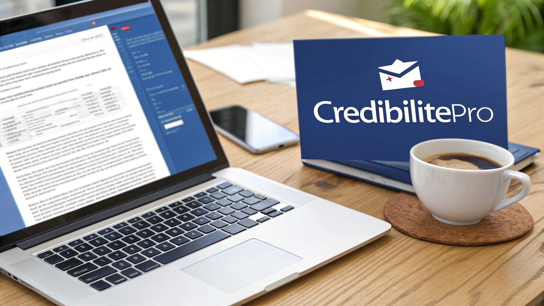 Ordinateur portable affichant l'interface CredibilitePro pour créer une adresse email professionnelle sur un bureau