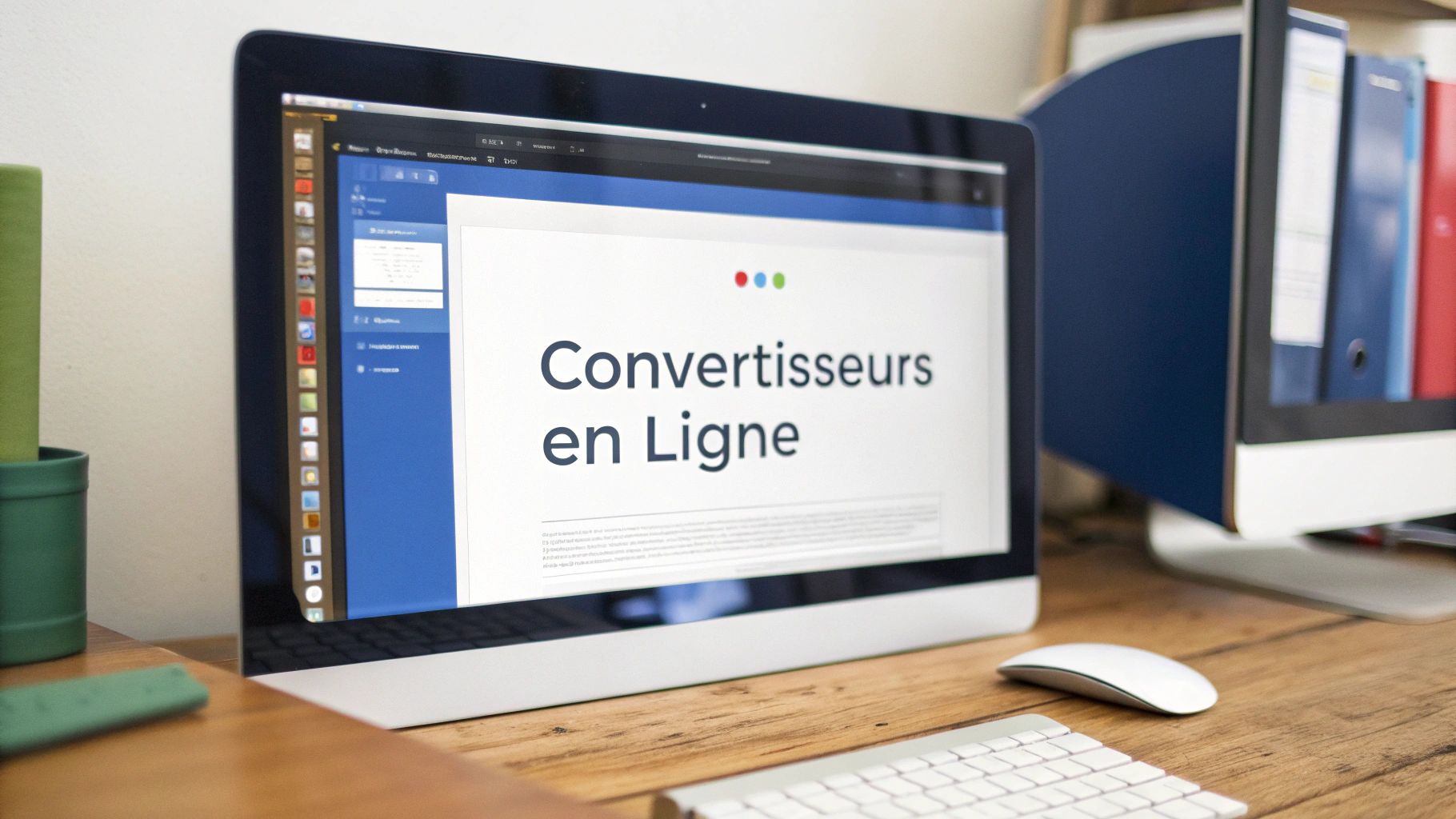 Écran d'ordinateur affichant une présentation sur les convertisseurs en ligne dans un bureau moderne