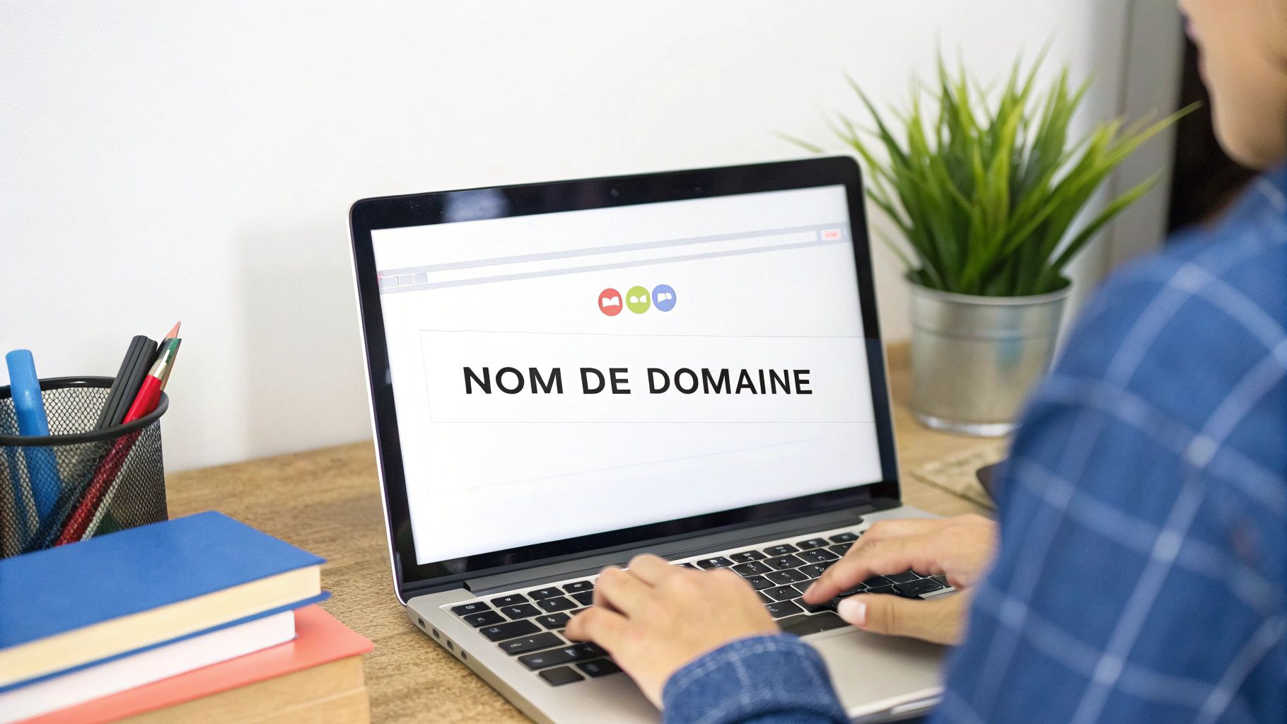 Personne choisissant un nom de domaine sur un écran d'ordinateur, illustrant le début du processus.