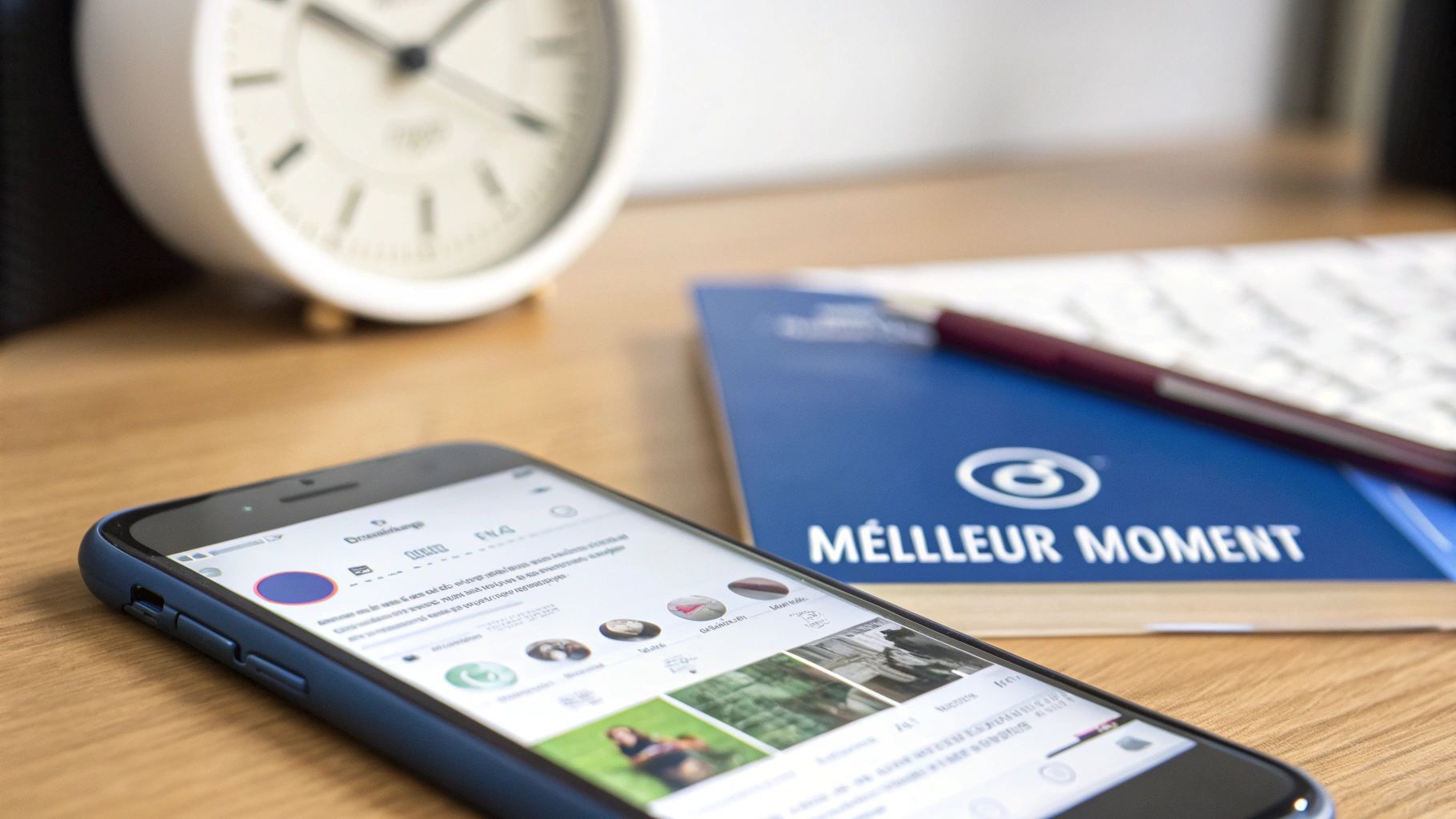 Une personne tenant un smartphone affichant le logo d'Instagram, avec des graphiques de statistiques en arrière-plan symbolisant l'analyse des données.