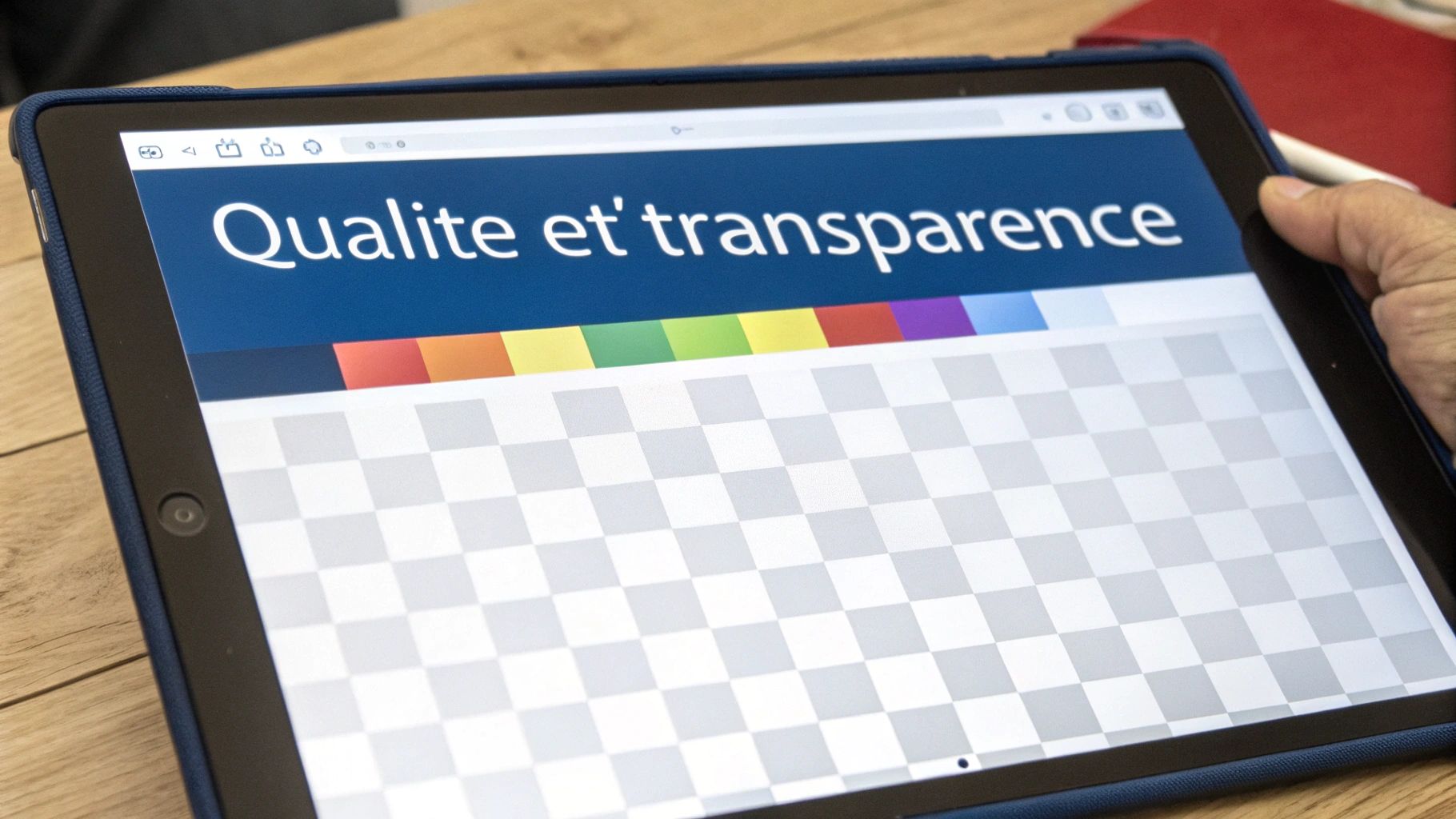 Tablette affichant une présentation sur la qualité et transparence avec des couleurs arc-en-ciel