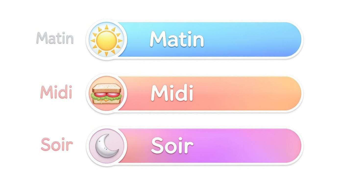 Trois boutons colorés représentant les moments de la journée : Matin avec soleil, Midi avec burger, Soir avec lune