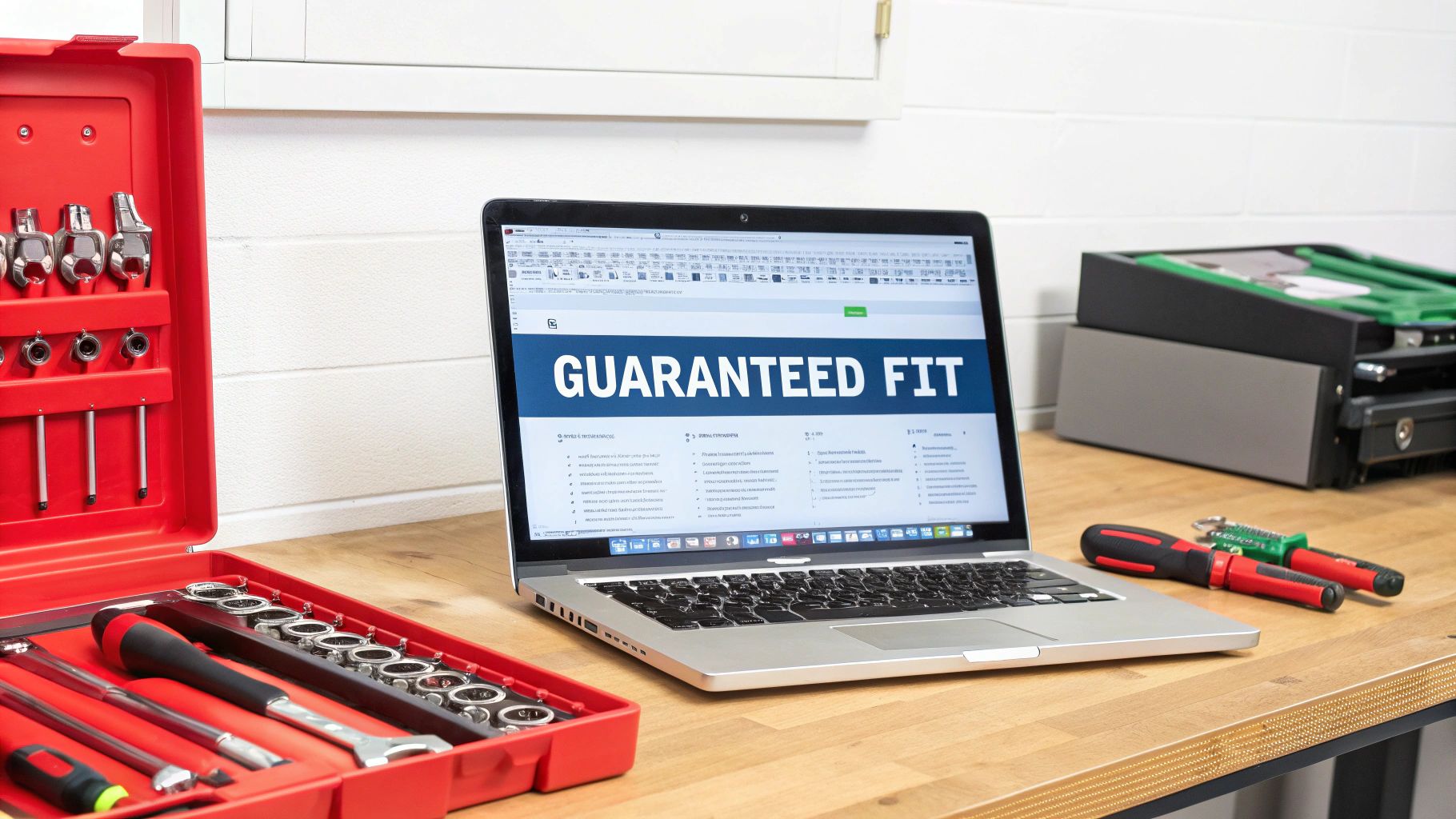 A person using a laptop to look at truck parts, with a digital overlay showing a fitment tool.