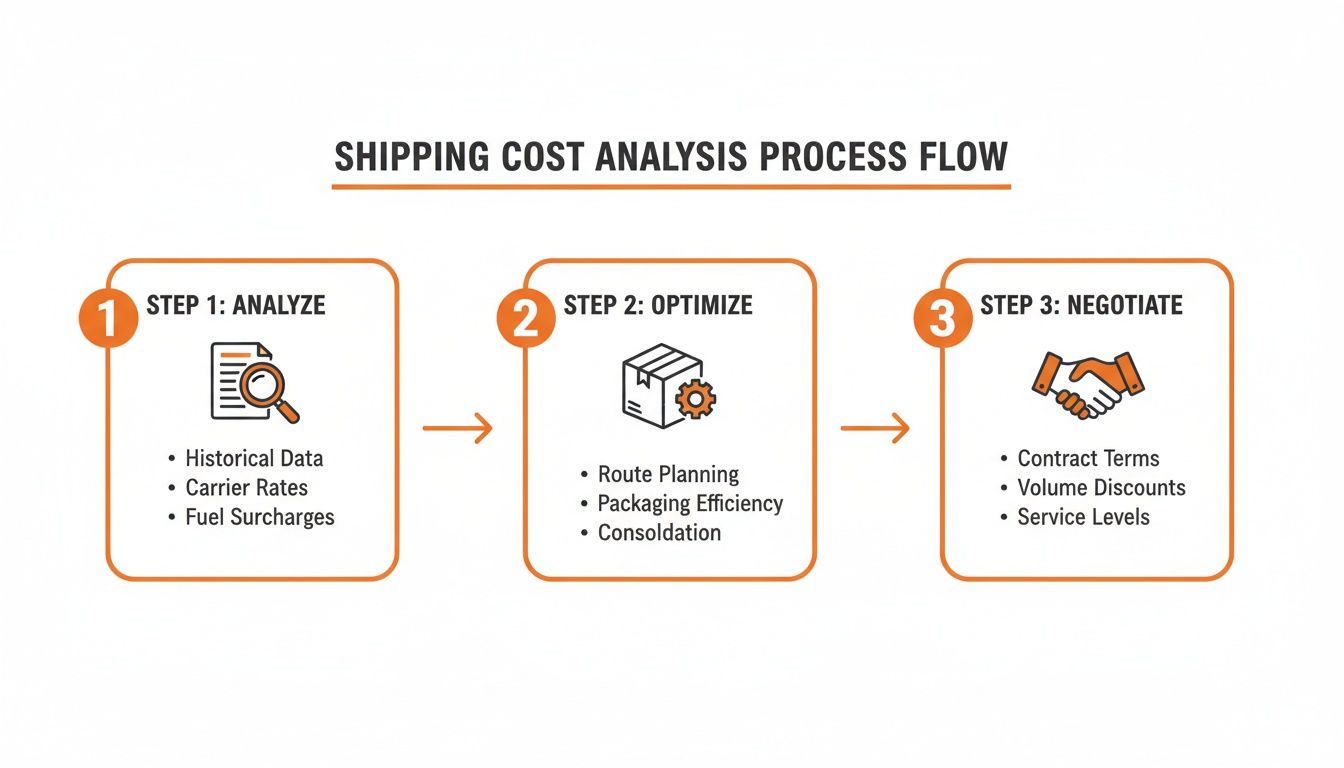 A clear three-step shipping cost analysis process flow covering analysis, optimization, and negotiation.