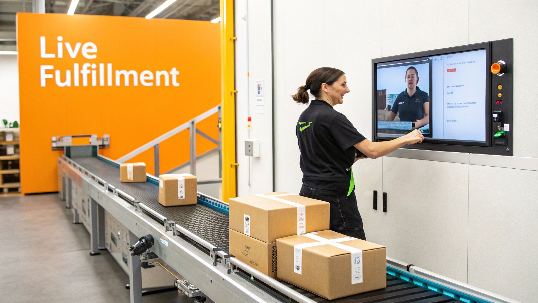A woman operates a packing station with a conveyor belt and monitor showing video instructions in a modern fulfillment center.