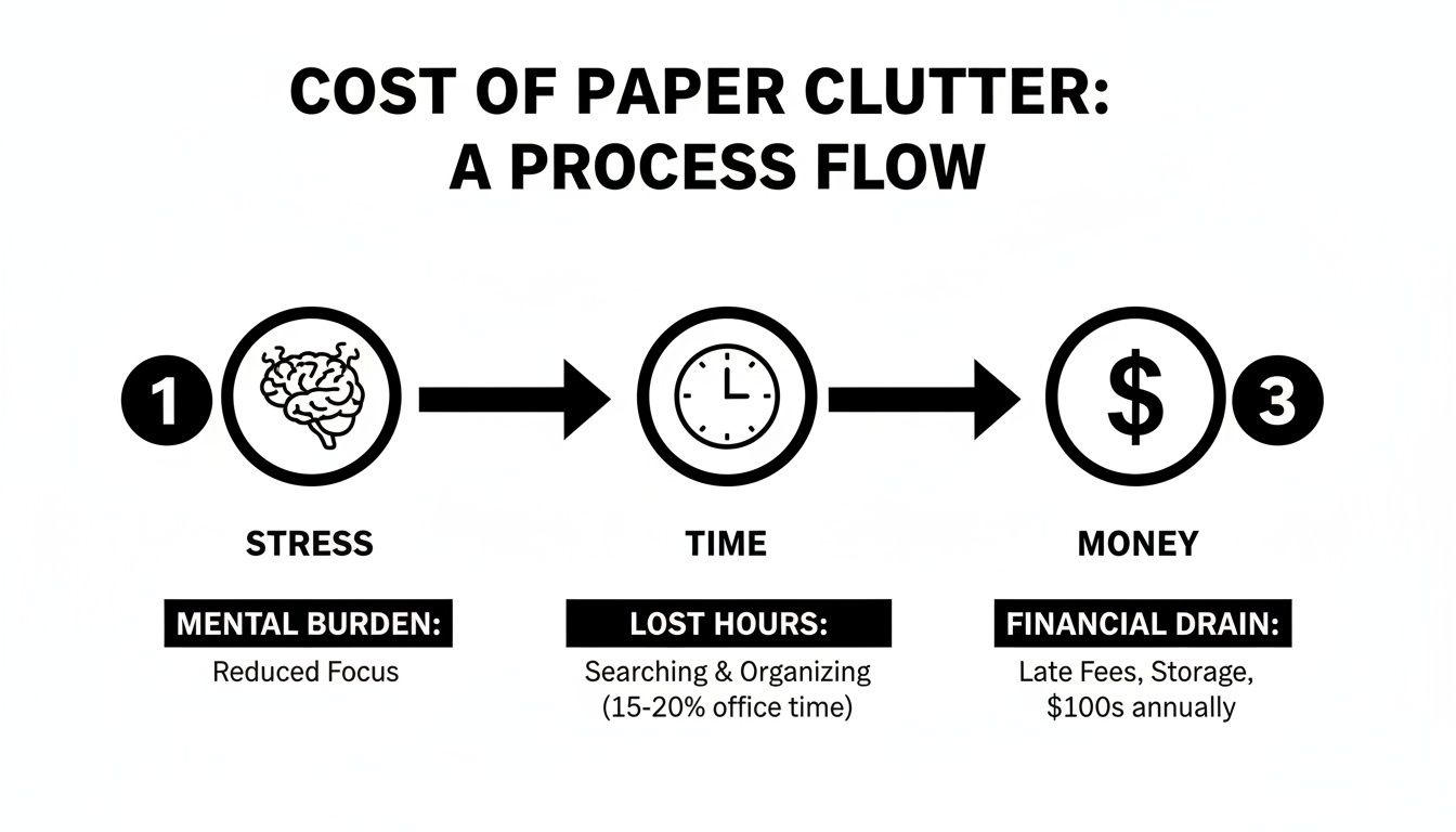 Infographic showing the process flow of paper clutter leading to stress, lost time, and financial drain.