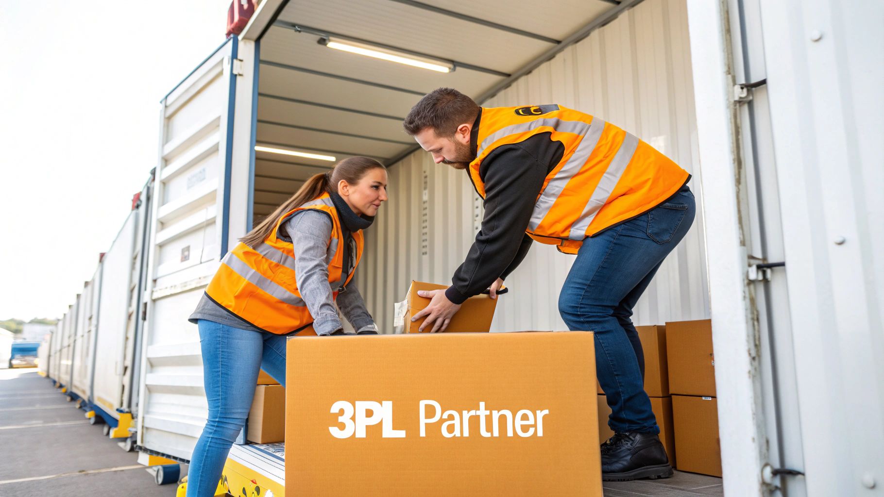 Two logistics workers in safety vests loading boxes into a shipping container or truck.