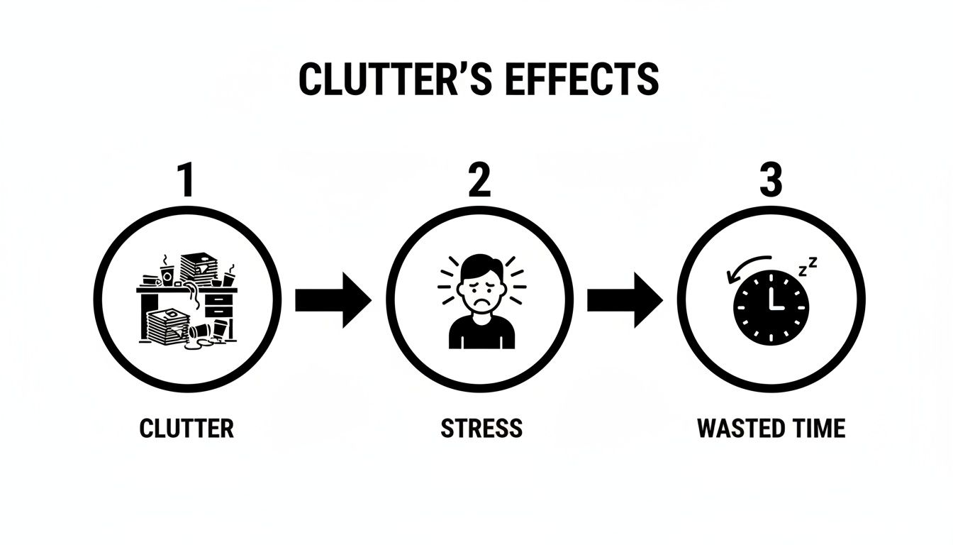 Infographic demonstrating how clutter causes stress and ultimately results in wasted time.