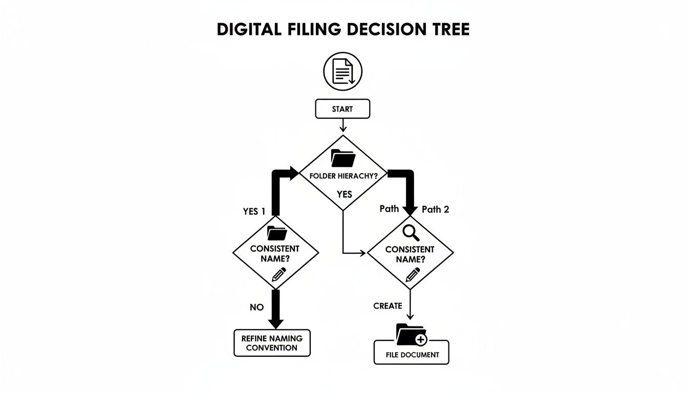 Flowchart illustrating a digital filing decision tree for organizing documents based on folder hierarchy and naming conventions.