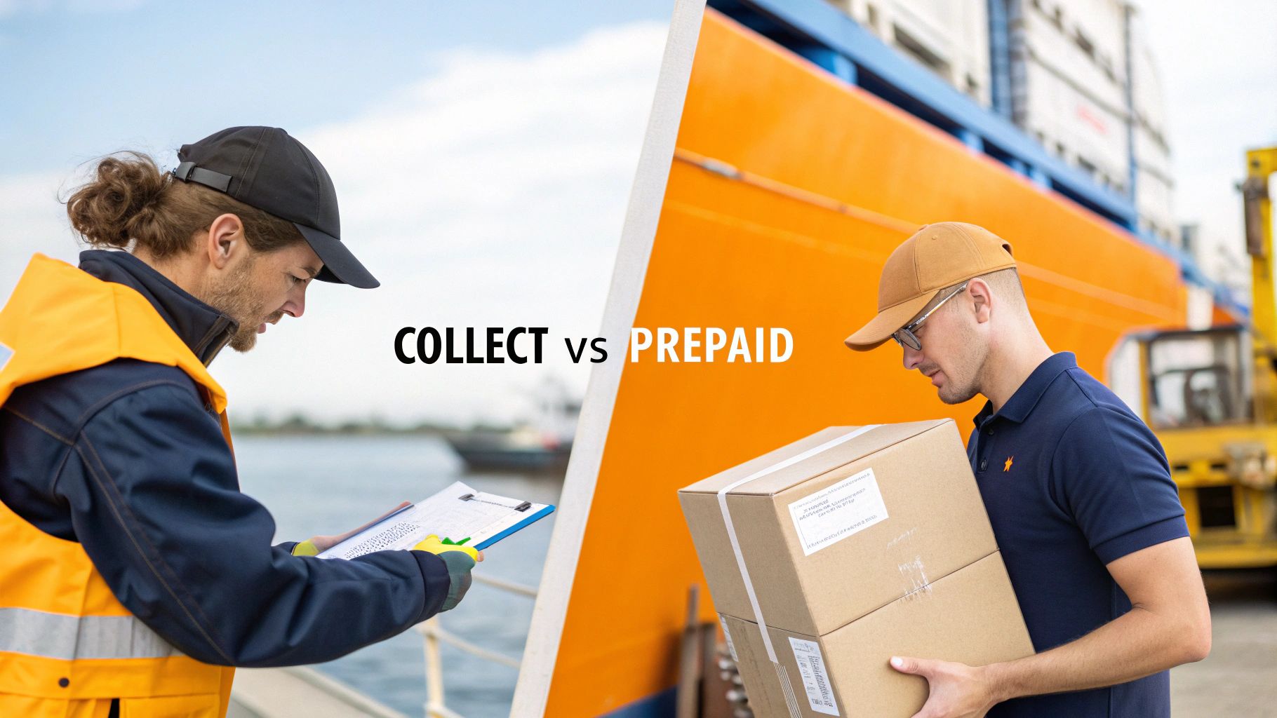 Workers at a shipping port illustrate 'collect' freight payment (left) and 'prepaid' freight (right).