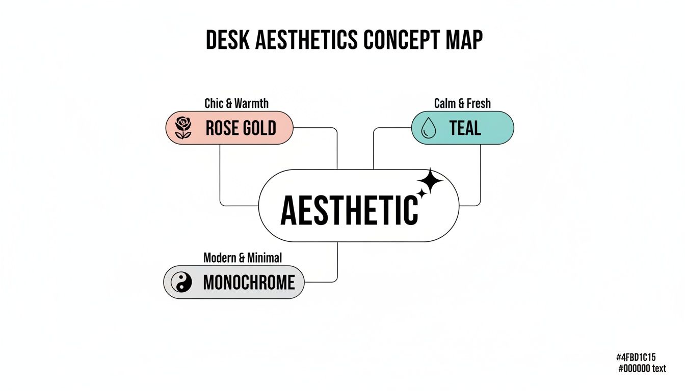 A concept map showing different desk aesthetic themes including Rose Gold, Teal, and Monochrome styles.