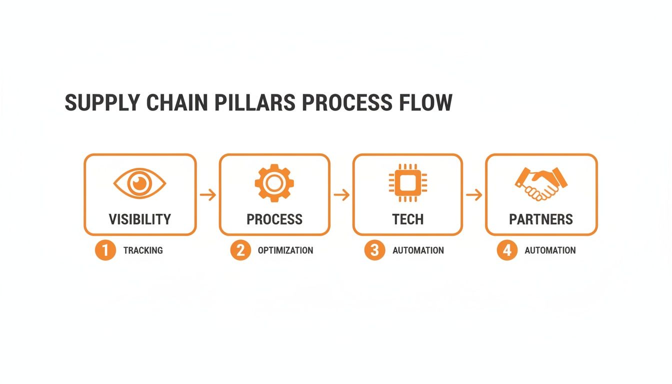 Process flow diagram detailing four supply chain pillars: Visibility, Process, Tech, and Partners.