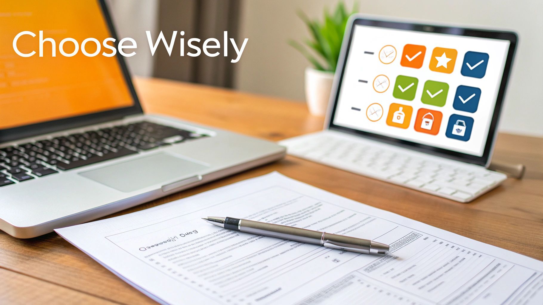 A wooden desk with two laptops, a pen, and a document. One laptop screen displays options; text reads 'Choose Wisely'.