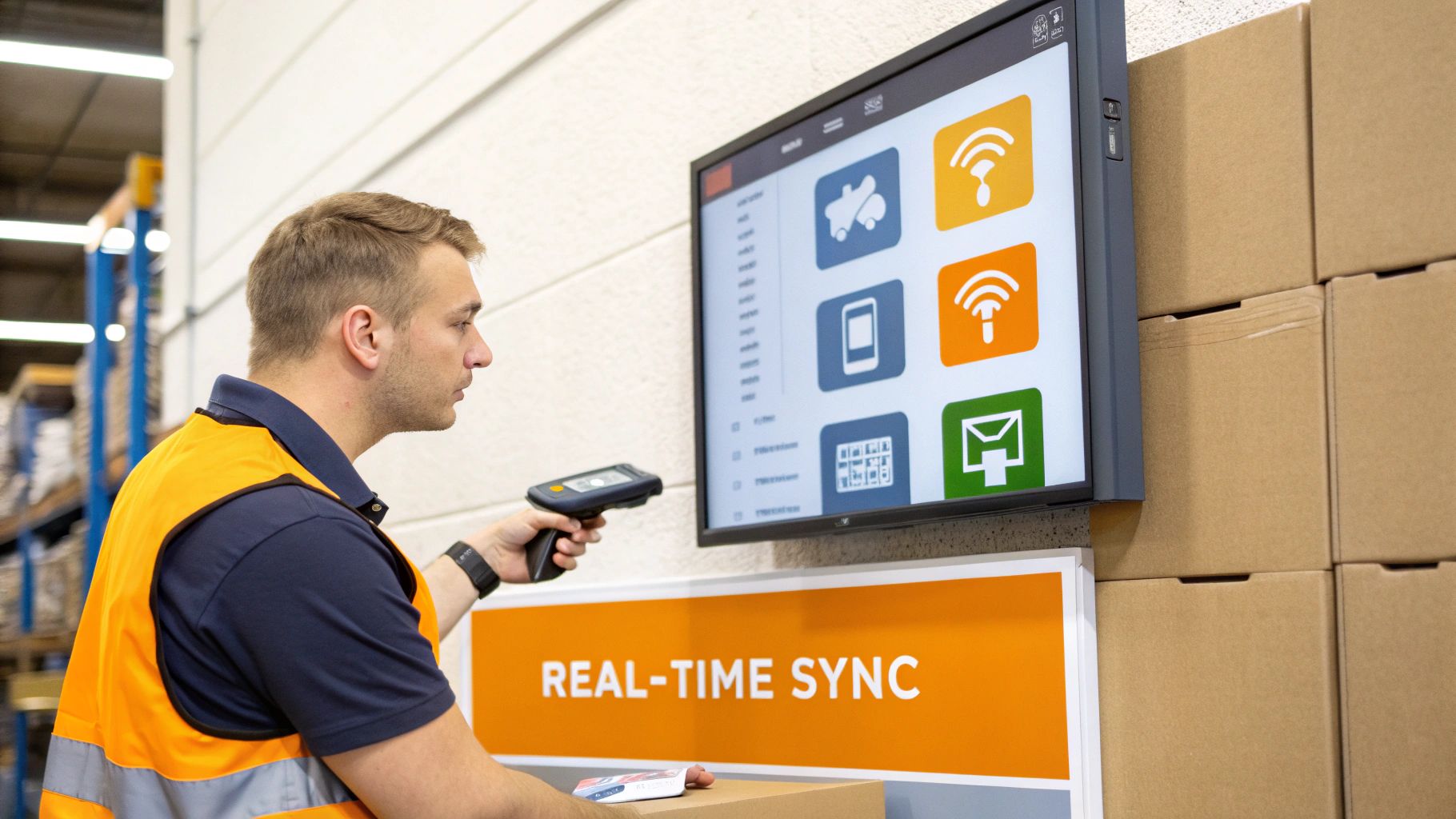A warehouse worker in a safety vest scans a package, using a handheld device and a 'REAL-TIME SYNC' monitor for inventory management.