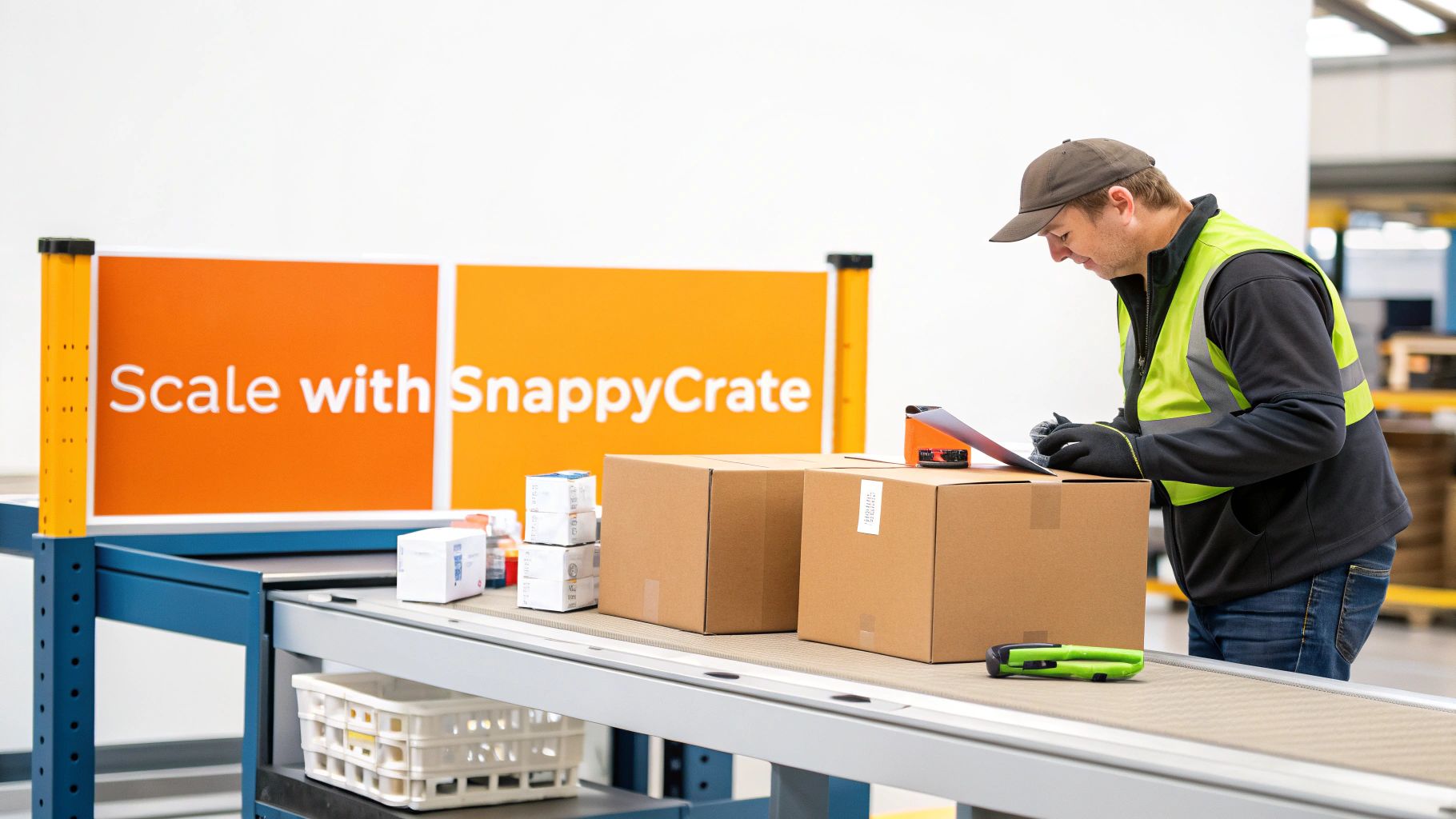 A worker in a high-vis vest and cap inspecting boxes on a conveyor belt in a logistics facility.