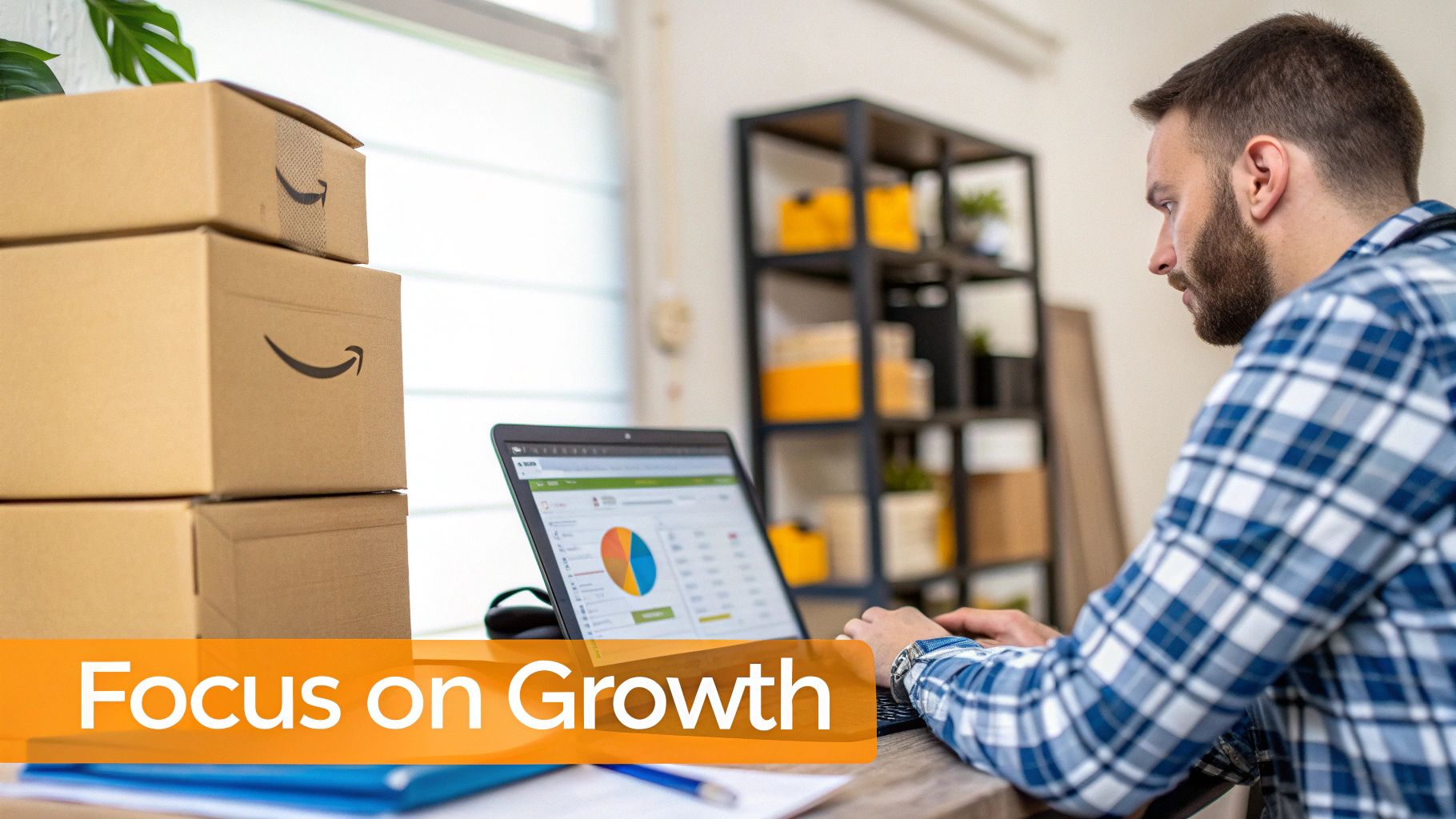 Man analyzing e-commerce data on a laptop, with a stack of Amazon boxes, indicating online business.