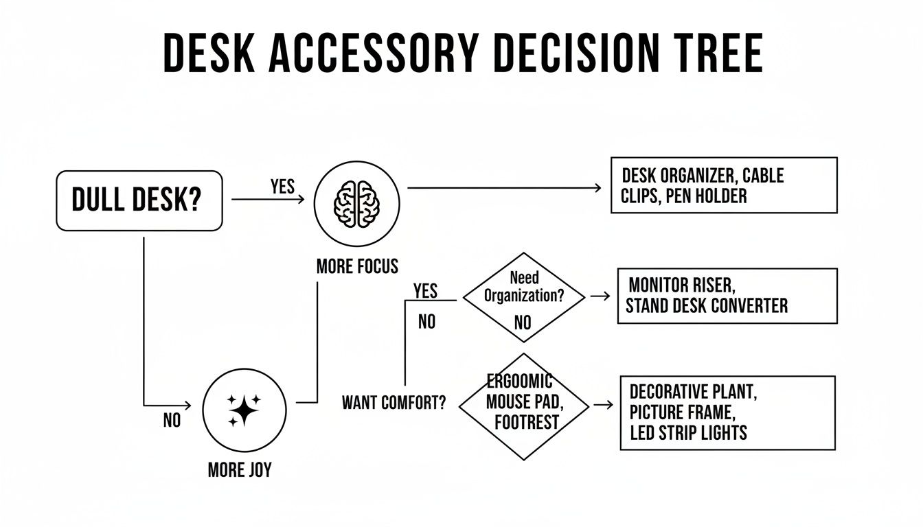 A desk accessory decision tree flowchart with options for focus, joy, organization, and comfort.