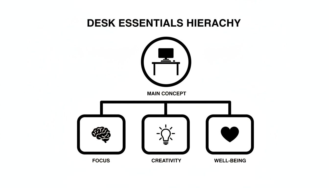 Hierarchy diagram illustrating desk essentials for focus, creativity, and well-being at a workstation.