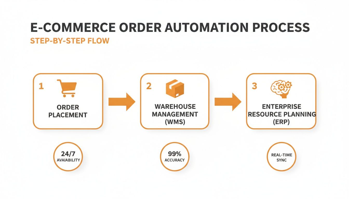 An e-commerce order automation process flow diagram illustrating order placement, WMS, and ERP integration.