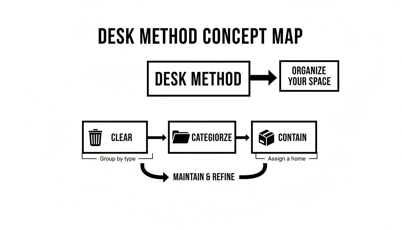 Concept map illustrating the Desk Method for organizing space, detailing steps: Clear, Categorize, Contain, and Maintain & Refine.