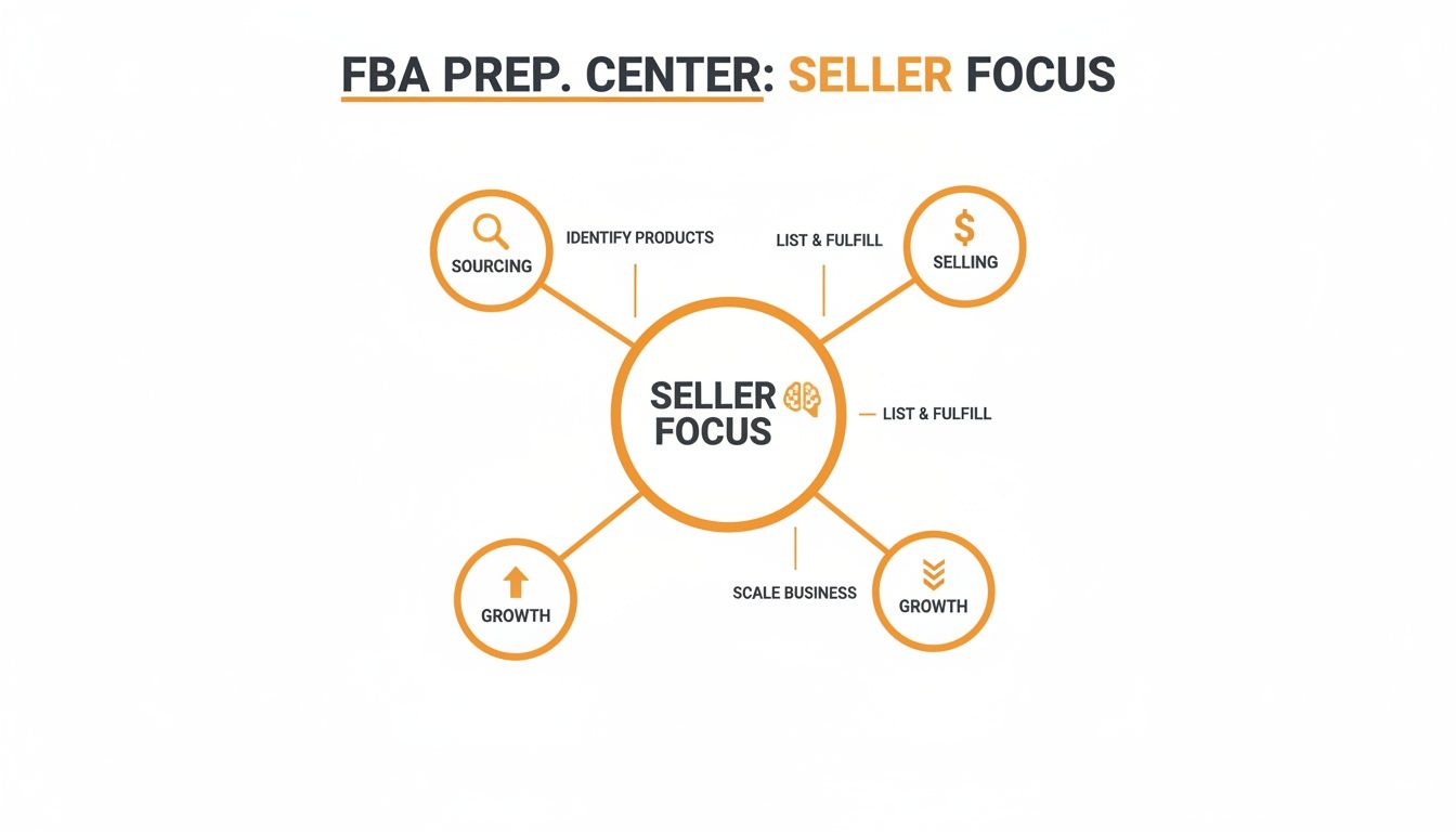 Diagram illustrating Amazon FBA prep center seller focus, including sourcing, selling, and growth strategies.