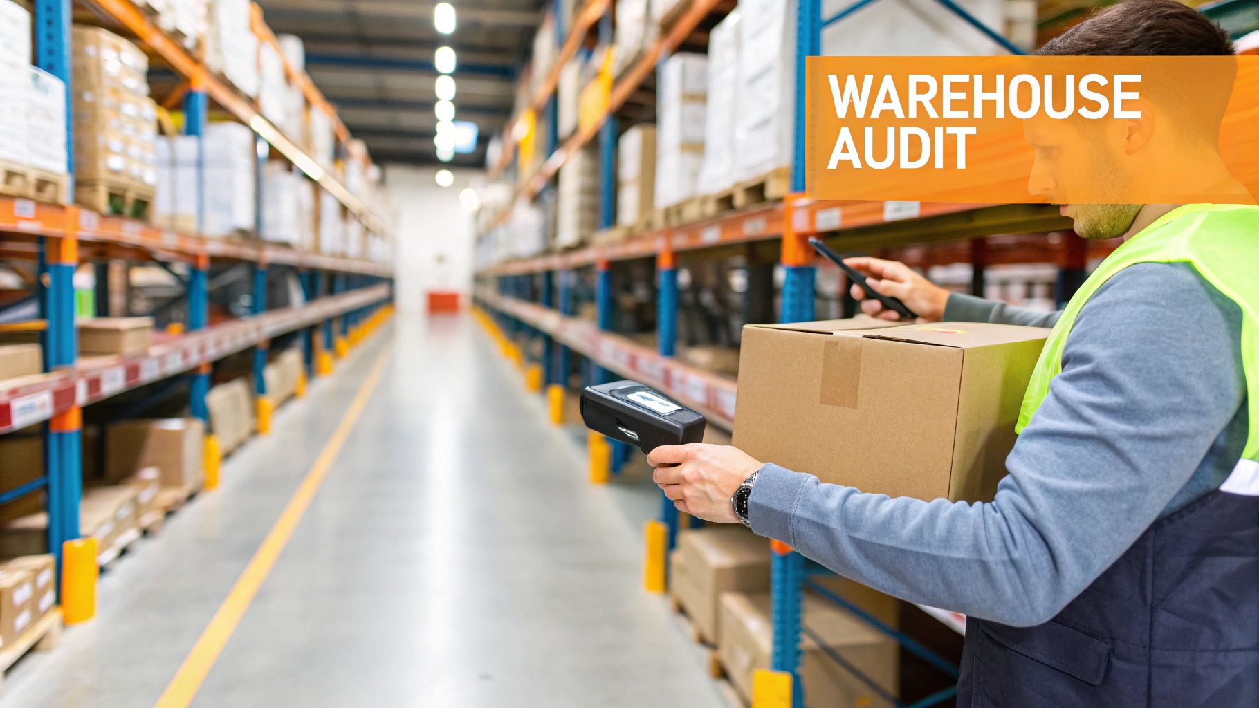 Man in a warehouse scanning a box, performing a warehouse audit for supply chain efficiency.
