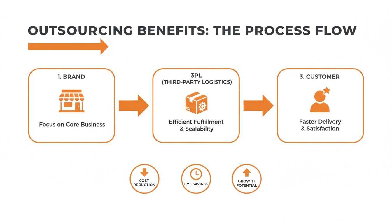 Infographic showing the outsourcing benefits process flow from brand to customer with key advantages.