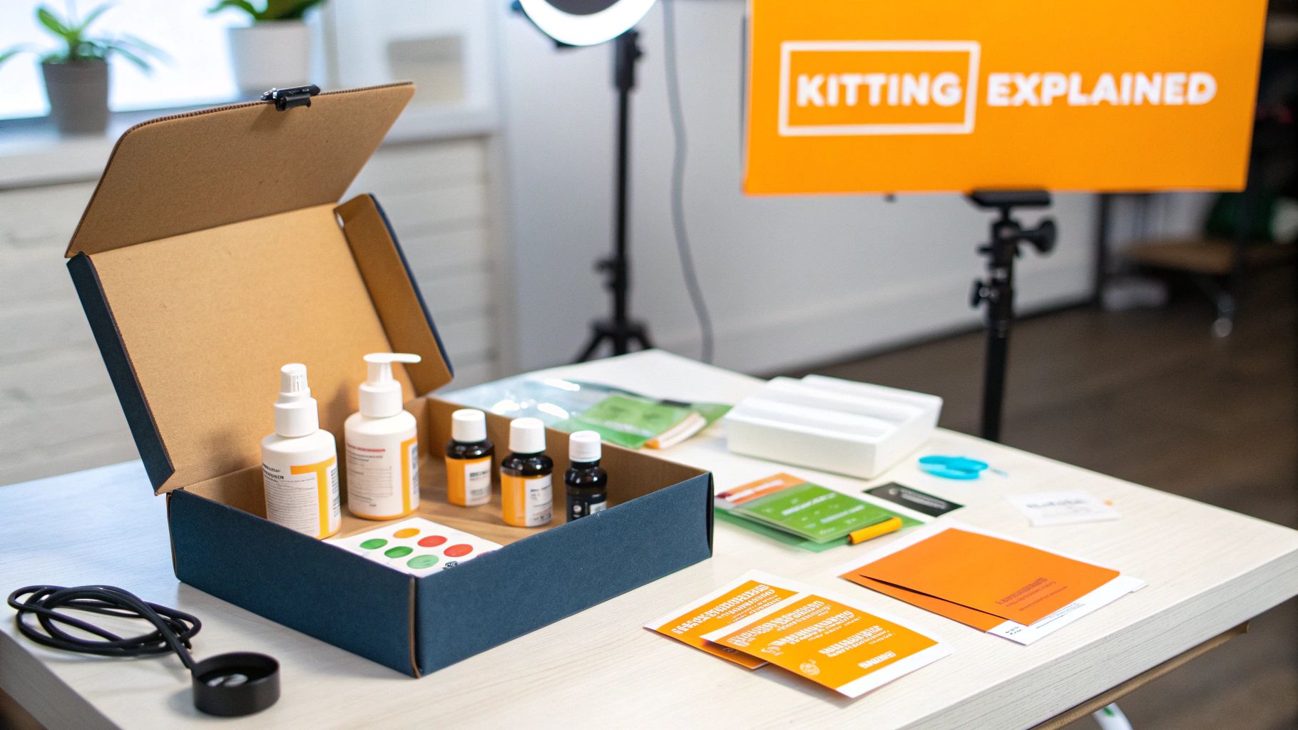 An open kitting box filled with product bottles, papers, and accessories on a table.