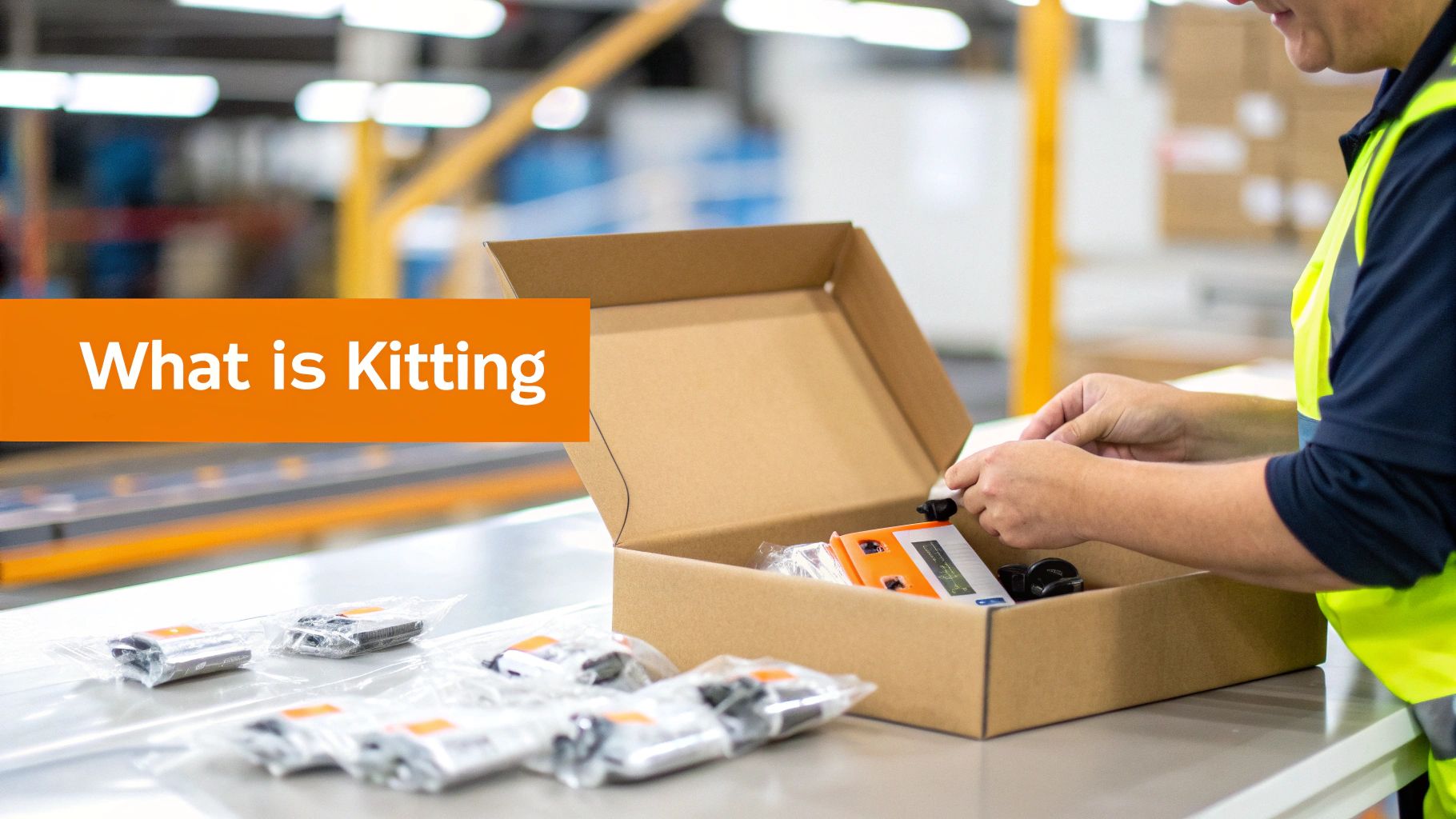 A worker in a high-visibility vest carefully packs components into a box, illustrating kitting in logistics.