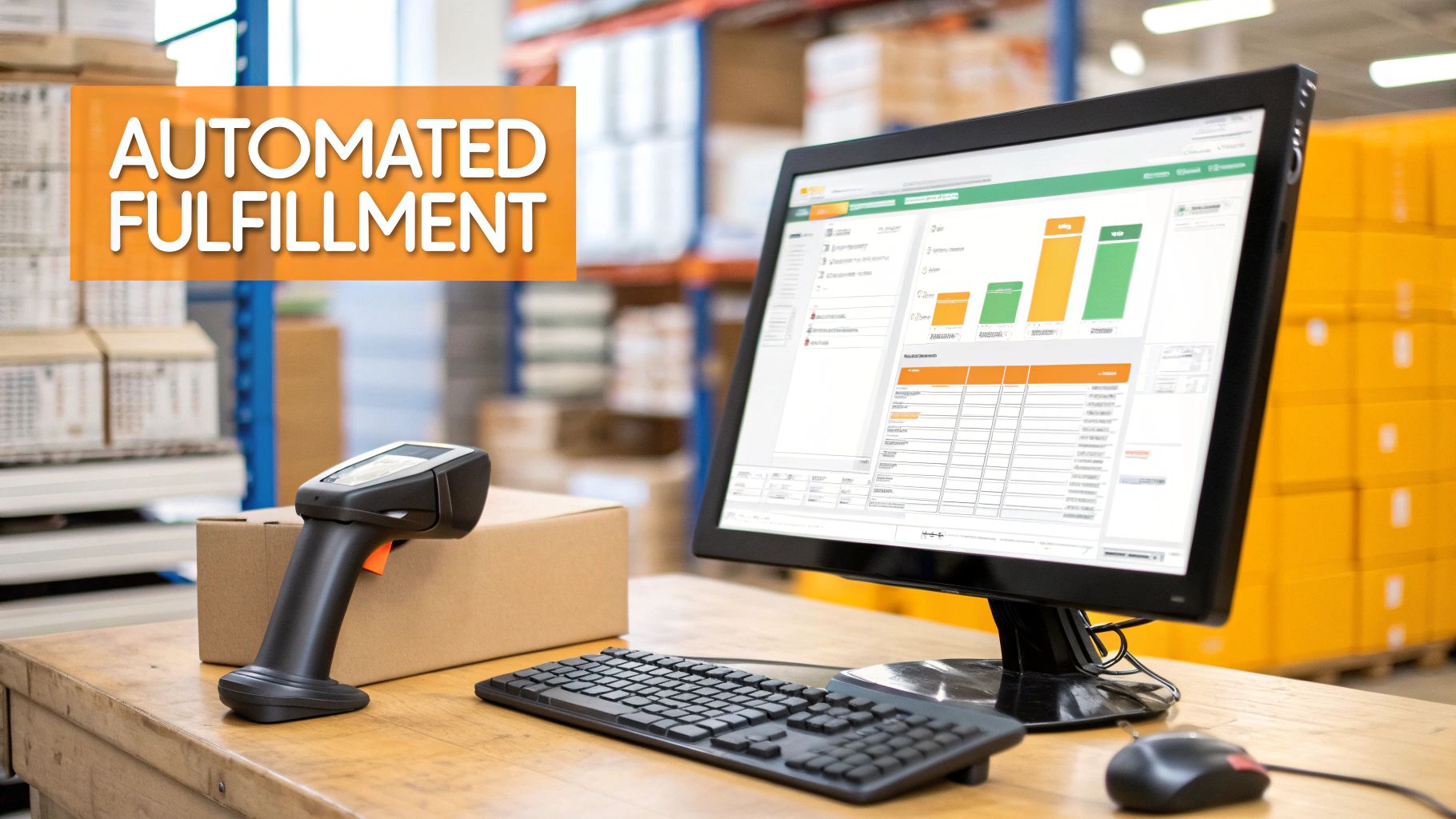A warehouse desk with a computer displaying fulfillment data, a barcode scanner, and a box, highlighting automated logistics.