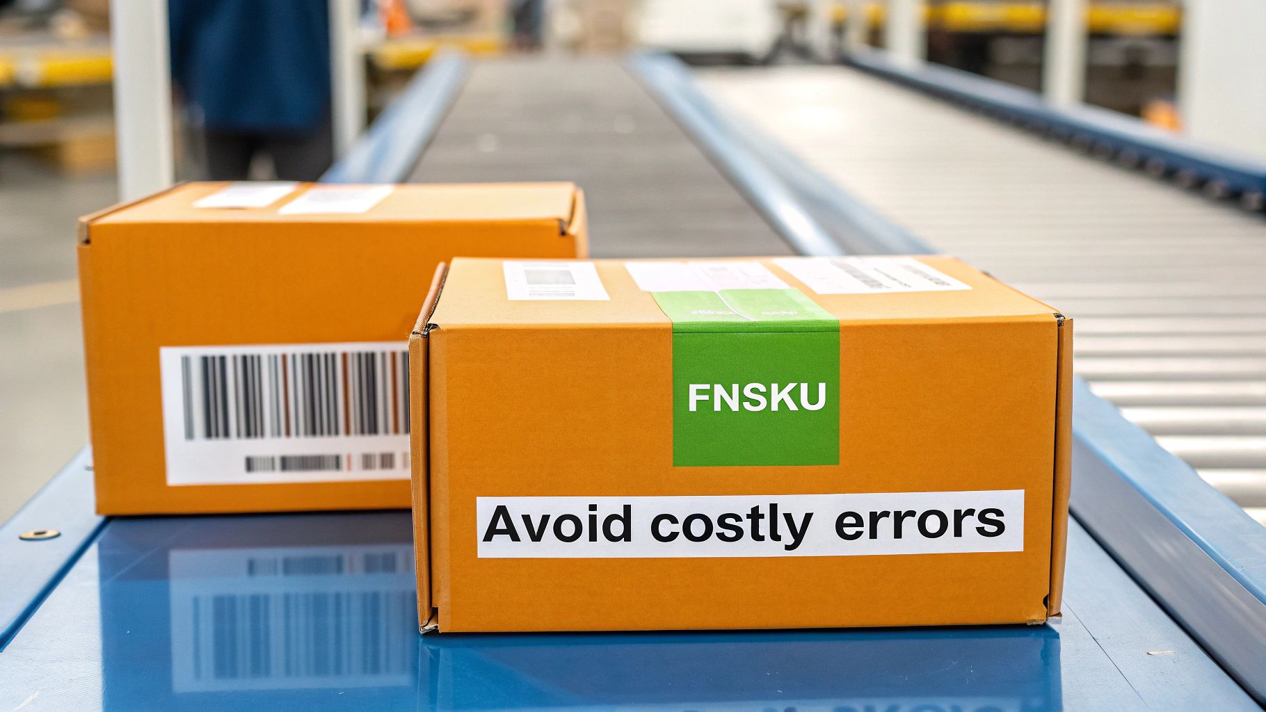 Two brown boxes with labels on a blue conveyor belt, one saying 'FNSKU' and 'Avoid costly errors'.