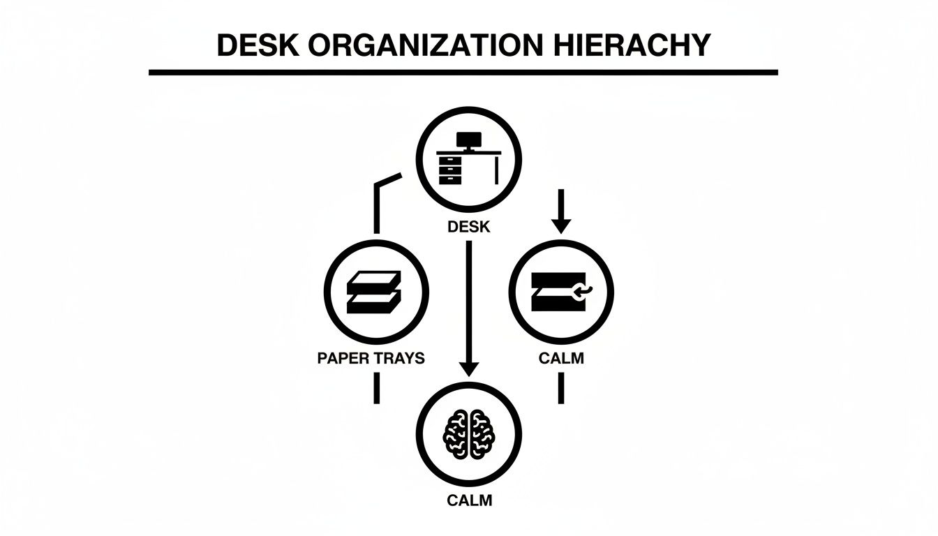 Desk organization hierarchy flow chart showing desk, paper trays, and ultimately leading to a calm mind.