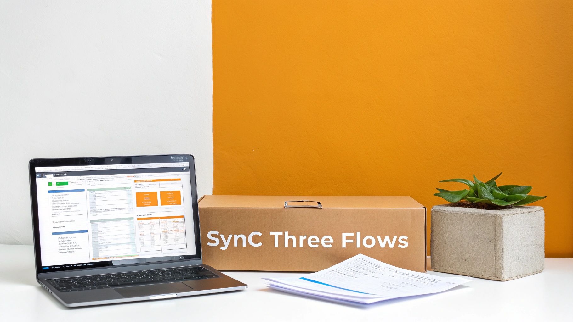 A workspace with a laptop displaying a data interface, a 'SynC Three Flows' box, documents, and a plant.