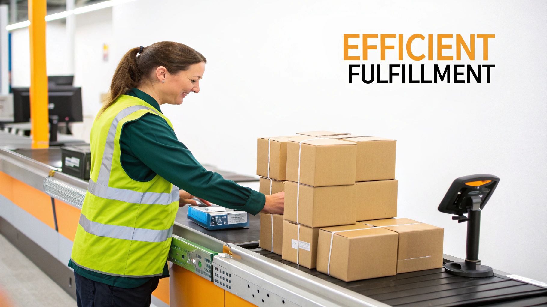 A smiling warehouse worker in a safety vest places a package on a conveyor belt, with boxes and “EFFICIENT FULFILLMENT” text on the wall.
