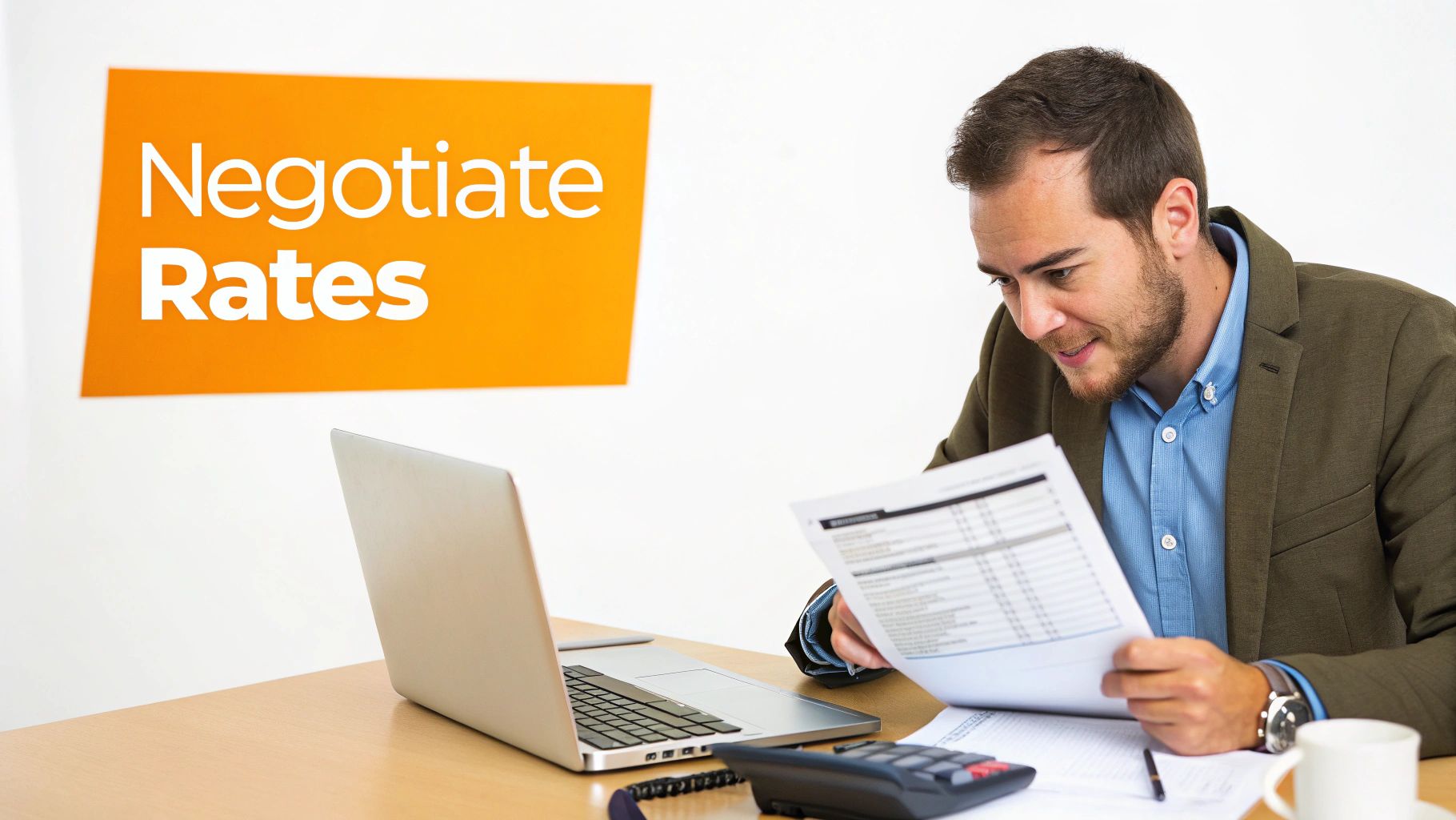 A man reviewing documents and finances at a desk with a laptop and a sign saying 'Negotiate Rates'.